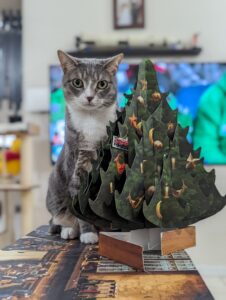 Tabby cat with a small cardboard Christmas tree